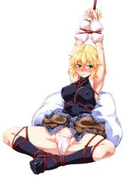 Rule 34 | 1girl, arm warmers, armpits, arms up, bad id, bad pixiv id, bdsm, blonde hair, blush, bondage, bound, bound arms, bound legs, breasts, clenched teeth, covered erect nipples, feet together, female focus, full body, fundoshi, green eyes, highres, japanese clothes, knees apart feet together, large breasts, mizuhashi parsee, no pants, no shoes, ootsuki wataru, pillow, pointy ears, revision, rope, shibari, shibari over clothes, short hair, sitting, socks, solo, spread legs, sweatdrop, teeth, touhou