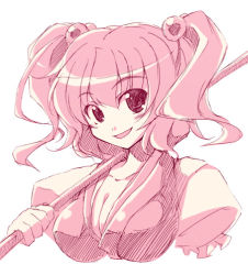 Rule 34 | 1girl, breasts, cleavage, female focus, hair bobbles, hair ornament, large breasts, lowres, monochrome, onozuka komachi, pink theme, smile, solo, touhou, touya (the-moon), twintails, two side up, upper body