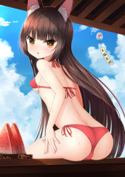 Rule 34 | 1girl, animal ear fluff, animal ears, ass, azur lane, bikini, blunt bangs, breasts, brown eyes, brown hair, butt crack, cloud, food, fox ears, from behind, fruit, hand on own thigh, highres, long hair, looking at viewer, looking back, nagato (azur lane), nc731, open mouth, outdoors, red bikini, side-tie bikini bottom, sideboob, sitting, sky, small breasts, solo, sweat, swimsuit, very long hair, watermelon, wind chime