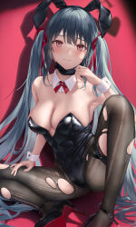 Rule 34 | 1girl, animal ears, bare shoulders, black hairband, black leotard, black pantyhose, blue hair, breasts, cleavage, closed mouth, detached collar, fake animal ears, hair ribbon, hairband, hand on own leg, high heels, highres, large breasts, leotard, long hair, looking at viewer, mask, mask pull, mhru, mouth mask, original, paid reward available, pantyhose, playboy bunny, pulled by self, rabbit ears, red background, red eyes, red ribbon, ribbon, sitting, solo, spread legs, torn clothes, torn pantyhose, twintails, very long hair, wrist cuffs