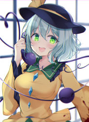 Rule 34 | 1girl, :d, aqua hair, backlighting, blood, blood on clothes, blouse, blurry, blush, breasts, commentary request, depth of field, eyeball, green eyes, green skirt, hand up, hat, heart, heart of string, highres, holding, holding phone, indoors, koishi day, komeiji koishi, large breasts, looking at viewer, miy@, open mouth, phone, shirt, short hair, skirt, smile, solo, third eye, touhou, upper body, window, yellow shirt