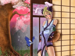Rule 34 | 1girl, 52ikaros, animal ears, bad id, bad pixiv id, blonde hair, blush, brown eyes, bug, butterfly, cherry blossoms, detached sleeves, flower, folded ponytail, gintama, hair flower, hair ornament, highres, holding own arm, insect, japanese clothes, kemonomimi mode, kimono, obi, rabbit ears, sash, scar, short hair, solo, tsukuyo, tsukuyo (gintama), wide sleeves, yukata