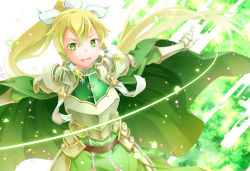 Rule 34 | 1girl, :d, adapted costume, armor, armored dress, blonde hair, braid, breastplate, cape, dress, faulds, floating hair, gauntlets, green cape, green dress, green eyes, hair between eyes, hair tubes, highres, leafa, leafa (terraria), long hair, oboro neko, open mouth, outstretched arms, ponytail, shoulder armor, sidelocks, smile, solo, sword art online, sword art online: alicization, twin braids, very long hair