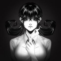 Rule 34 | black background, black eyes, black hair, don&#039;t starve, fire, greyscale, highres, holding matchstick, looking at viewer, monochrome, ponytail, shirt, willow (don&#039;t starve), zev