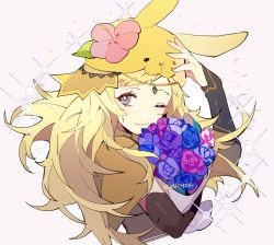 Rule 34 | 1girl, animal ears, blonde hair, circlet, closed mouth, elley226, fire emblem, fire emblem fates, fire emblem heroes, flower, grey eyes, hair flower, hair ornament, hand on own head, highres, long hair, looking at viewer, nintendo, ophelia (fire emblem), rabbit ears, simple background, smile, sparkle, upper body