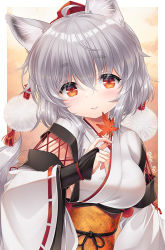 Rule 34 | 1girl, ahoge, animal ear fluff, animal ears, autumn leaves, blush, breasts, bridal gauntlets, commentary request, cross-laced clothes, hair between eyes, hat, inubashiri momiji, japanese clothes, kei kei, kourindou tengu costume, large breasts, long sleeves, looking at viewer, obi, obijime, orange background, orange eyes, pom pom (clothes), ribbon-trimmed sleeves, ribbon trim, sash, short hair, silver hair, simple background, smile, solo, tassel, tokin hat, touhou, twitter username, upper body, wide sleeves, wolf ears