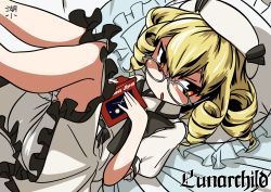 Rule 34 | 1girl, artist name, black bow, blonde hair, bloomers, book, bow, character name, dress, drill hair, frilled dress, frills, glasses, hair between eyes, highres, huxiao (mistlakefront), leg up, looking at viewer, luna child, lying, on bed, open mouth, pillow, puffy short sleeves, puffy sleeves, red eyes, short sleeves, solo, touhou, underwear, white dress, white headwear