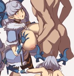 Rule 34 | 1boy, 1girl, blue hair, breasts, coat, gloves, horns, huge breasts, paizuri, standby, thighhighs, yellow eyes
