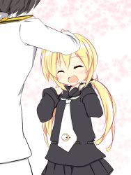 Rule 34 | 10s, 1boy, 1girl, ^ ^, admiral (kancolle), back, black hair, black serafuku, black skirt, blonde hair, blush, closed eyes, crescent, crescent pin, faceless, faceless male, hair ornament, hand on another&#039;s head, happy, head pat, headpat, highres, kantai collection, long hair, long sleeves, low twintails, military, military uniform, necktie, open mouth, pleated skirt, satsuki (kancolle), school uniform, serafuku, short hair, skirt, smile, twintails, uniform, white necktie, yuu (alsiel)