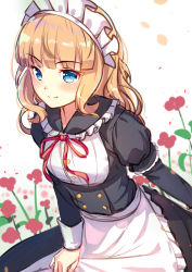 Rule 34 | &gt;:), 1girl, apron, bad id, bad pixiv id, black dress, blunt bangs, blush, brown hair, closed mouth, collared dress, commentary request, dress, flower, frilled apron, frilled shirt collar, frills, layered sleeves, long hair, long sleeves, maid, maid headdress, neck ribbon, original, puffy short sleeves, puffy sleeves, red flower, red ribbon, ribbon, short over long sleeves, short sleeves, solo, v-shaped eyebrows, waist apron, white apron, white background, yan (nicknikg)