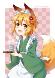 Rule 34 | 1girl, :3, :d, animal ear fluff, animal ears, apron, blonde hair, blush, border, checkered background, commentary request, cup, dated, fang, fox ears, fox tail, gecotan, hair between eyes, holding, holding tray, long sleeves, maid headdress, open mouth, outside border, pink background, senko (sewayaki kitsune no senko-san), sewayaki kitsune no senko-san, signature, smile, solo, steam, tail, tray, waitress, white apron, yellow eyes, yunomi