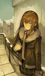 Rule 34 | 1girl, absurdres, balcony, blue eyes, brown hair, closed mouth, coffee, collared shirt, cup, day, disposable cup, hair between eyes, highres, jacket, kornod, long hair, long sleeves, looking at viewer, makise kurisu, necktie, outdoors, red necktie, shirt, skirt, solo, standing, steins;gate, white shirt