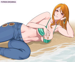 Rule 34 | 1girl, armpit crease, armpits, bangle, bare shoulders, beach, bikini, bikini top only, blue pants, bracelet, breasts, brown eyes, cleavage, commentary, denim, elbow rest, english commentary, feet out of frame, green bikini, head rest, jeans, jewelry, knee up, large breasts, log pose, long hair, looking at viewer, lying, midriff, nail polish, nami (one piece), navel, on side, one piece, orange hair, paid reward available, pants, parted lips, patreon username, pink nails, sand, smile, solo, swimsuit, underboob, uukkaa, water