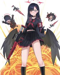 Rule 34 | 3girls, ;), @ @, armband, black choker, black gloves, black hair, black sailor collar, black serafuku, black shirt, black skirt, black socks, black wings, blue archive, breasts, chibi, choker, closed mouth, collarbone, commentary, em-2, explosion, feathered wings, feet out of frame, flying sweatdrops, gloves, grey eyes, gun, hair ornament, hair over eyes, hair over one eye, hairclip, halo, highres, holding, holding gun, holding weapon, ichika (blue archive), jourd4n, justice task force member (blue archive), kneehighs, long hair, long sleeves, low wings, midriff peek, multiple girls, neckerchief, one eye closed, open mouth, pleated skirt, red neckerchief, safety pin, sailor collar, school uniform, serafuku, shirt, skirt, small breasts, smile, socks, very long hair, wavy mouth, weapon, white background, wings