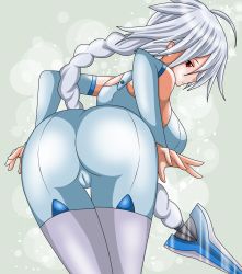 Rule 34 | 1girl, ahoge, arc system works, ass, bare shoulders, blazblue, bodysuit, braid, breasts, cameltoe, from behind, highres, huge ass, large breasts, leaning, leaning forward, long hair, looking at viewer, nu-13, red eyes, shadako26, shiny clothes, sideboob, silver hair, single braid, solo, very long hair