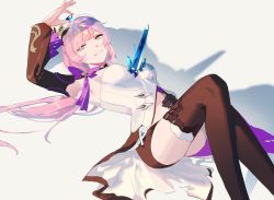 Rule 34 | 1girl, absurdres, armpits, black footwear, black gloves, blue eyes, boots, breasts, crystal, elysia (honkai impact), elysia (miss pink elf) (honkai impact), gloves, grey background, grin, hair ornament, highres, holding, honkai (series), honkai impact 3rd, long hair, long sleeves, looking at viewer, lying, manboygxg, on back, pink hair, ponytail, shadow, single glove, smile, spoilers, thigh boots, thighhighs
