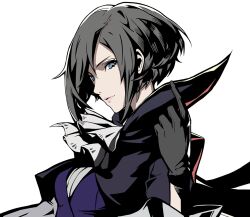 Rule 34 | 1girl, black gloves, blue eyes, breasts, cape, closed mouth, collared shirt, female focus, fujikawa yukimi, gloves, grey hair, looking at viewer, medium breasts, official art, pale skin, persona, persona 5, persona 5: the phantom x, shirt, short hair, solo, transparent background, upper body