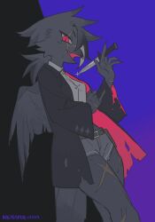Rule 34 | 1girl, absurdres, artist name, bad id, bad twitter id, beak, belt, bird girl, bird tail, black hair, black jacket, blue background, collared shirt, cross scar, facial scar, feathered wings, formal, furry, furry female, grey shorts, highres, holding, holding knife, holding weapon, holster, jacket, kaltespur, knife, multicolored background, open mouth, original, red eyes, scar, scar across eye, scar on cheek, scar on face, scar on leg, shirt, short shorts, shorts, solo, tail, torn clothes, torn jacket, tsurime, two-tone background, weapon, white background, wings