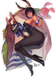 Rule 34 | 1girl, absurdres, alternate costume, ancient princess menace, animal ears, armlet, ass, bare shoulders, black footwear, black hair, black leotard, black pantyhose, blue eyes, blunt bangs, breasts, covered erect nipples, dessert, dr.wolf, fake animal ears, fingernails, food, from side, full body, gelatin, gem, hand up, headgear, high heels, highres, holding, holding plate, holding staff, knees together feet apart, large breasts, leotard, long legs, looking at viewer, melona (queen&#039;s blade), melona (queen's blade), menace (queen&#039;s blade), menace (queen's blade), nail polish, pantyhose, parted lips, plate, playboy bunny, protean assassin melona, queen&#039;s blade, rabbit ears, rabbit tail, red nails, setra, shoes, short hair, sideboob, signature, single shoe, solo, staff, stiletto heels, strapless, strapless leotard, tail, white background
