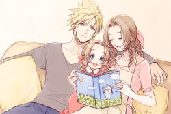 Rule 34 | 1boy, 2girls, aerith gainsborough, ancotsubu, apron, arm around shoulder, blonde hair, blue eyes, blue pants, blush, book, braid, brown hair, child, closed eyes, cloud strife, collared shirt, couch, dress, father and daughter, final fantasy, final fantasy vii, final fantasy vii remake, frilled sleeves, frills, grey shirt, hair between eyes, hair ribbon, holding, holding book, if they mated, indoors, long hair, mother and daughter, multiple girls, on couch, open mouth, pants, parent and child, parted bangs, pillow, pink dress, pink ribbon, reading, ribbon, shirt, shirt under dress, short hair, short sleeves, sidelocks, sitting, smile, spiked hair, t-shirt, twin braids, wavy hair, yellow apron, yellow background