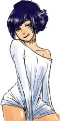 Rule 34 | 1girl, :q, black lagoon, blue hair, breasts, colorized, cowboy shot, drawfag, facing viewer, licking lips, looking at viewer, naughty face, no bra, purple hair, frederica sawyer, scar, scar on neck, shirt, short hair, simple background, small breasts, solo, standing, tongue, tongue out, white background, white shirt