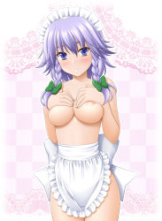 Rule 34 | 1girl, apron, blue eyes, blush, braid, breasts, covering privates, covering breasts, eyebrows hidden by hair, female focus, izayoi sakuya, maid headdress, naked apron, nipples, short hair, side braid, silver hair, sin-go, solo, touhou, twin braids