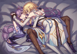 Rule 34 | 2girls, all fours, bed, black pantyhose, blonde hair, genshin impact, highres, holding hands, keqing (genshin impact), long hair, looking at viewer, lumine (genshin impact), lying, multiple girls, nairobi song, on back, on bed, pantyhose, purple hair, short hair, spread legs, thighs, very long hair, yuri