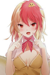 Rule 34 | 1girl, animal, animal on head, atory, bird, bird on head, blonde hair, breasts, chick, cleavage, commentary request, highres, looking at viewer, medium breasts, multicolored hair, niwatari kutaka, on head, open mouth, pointing, pointing at self, red eyes, red hair, simple background, smile, touhou, two-tone hair, upper body, white background, yellow wings