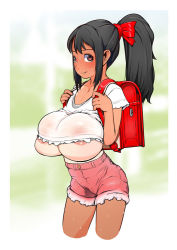 Rule 34 | 1girl, areola slip, backpack, bag, black hair, blush, bow, breasts, brown eyes, huge breasts, j7w, long hair, looking at viewer, meikko-chan (j7w), oppai loli, original, ponytail, shirt, shorts, smile, solo, sweat, t-shirt, tan, tanline, taut top, underboob, wet, wet clothes, wet shirt