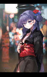Rule 34 | 1girl, absurdres, black kimono, blue archive, blue flower, blurry, blurry background, blush, breasts, cleavage, clenched teeth, cowboy shot, floral print, flower, hair bun, hair flower, hair intakes, hair ornament, halo, heart, highres, japanese clothes, kimono, long hair, long sleeves, looking at viewer, medium breasts, movik, print kimono, purple eyes, purple hair, red flower, sash, single hair bun, single side bun, smile, solo, teeth, very long hair, yuuka (blue archive)