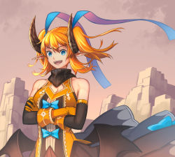 Rule 34 | 1girl, :d, bare shoulders, blue eyes, breasts, bright pupils, cleavage, cloud, cloudy sky, cowboy shot, crossed arms, curled horns, elbow gloves, gloves, hair ornament, horns, looking at viewer, low wings, medium hair, nagi itsuki, open mouth, orange gloves, orange hair, original, sky, smile, solo, standing, twintails, white pupils, wings