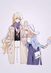 Rule 34 | 2girls, alternate costume, bag, blonde hair, blue skirt, blue sweater, blush, brown coat, buttons, casual, coat, commentary request, cotton candy, e (you33ou), eyelashes, grey background, hair ribbon, handbag, hands in pockets, highres, holding another&#039;s arm, long hair, long skirt, long sleeves, looking at another, multiple girls, pants, pink eyes, pink hair, purple eyes, purple scarf, red ribbon, ribbon, saigyouji yuyuko, scarf, shirt, short hair, sidelocks, simple background, skirt, standing, sweater, touhou, tress ribbon, white headwear, white pants, white shirt, yakumo yukari