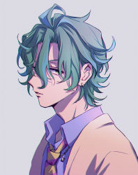Rule 34 | 1boy, adam&#039;s apple, blue hair, blue shirt, collared shirt, earrings, from argonavis, from side, green eyes, green hair, grey background, hair between eyes, hair down, highres, himishiro, jewelry, looking at viewer, male focus, messy hair, multicolored hair, necklace, necktie, nijou kanata, parted lips, portrait, shirt, sideways glance, simple background, solo, streaked hair, striped necktie, sweater