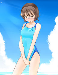 Rule 34 | 1girl, brown eyes, brown hair, competition swimsuit, glasses, klm, one-piece swimsuit, original, short hair, sky, solo, swimsuit, tanaka rikimaru