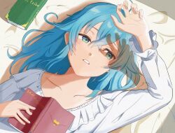 Rule 34 | 1girl, arm up, blue eyes, blue hair, book, close-up, collarbone, crossed bangs, day, dress, from above, hair between eyes, heart, highres, holding, holding book, long hair, long sleeves, lying, mushoku tensei, on back, on bed, parted lips, roxy migurdia, solo, sooka0403, white dress