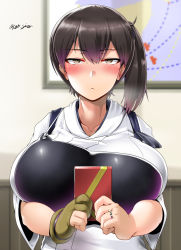 Rule 34 | 1girl, :&lt;, alternate breast size, blurry, blurry background, blush, box, breasts, brown eyes, brown gloves, brown hair, closed mouth, collarbone, gift, gift box, gloves, highres, holding, huge breasts, jewelry, kaga (kancolle), kantai collection, muneate, partially fingerless gloves, partly fingerless gloves, ponytail, ring, saizu nitou gunsou, side ponytail, single glove, solo, tasuki, twitter username, upper body, valentine, yugake