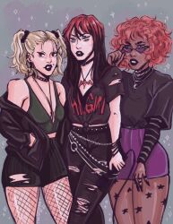 Rule 34 | 3girls, belt, black hair, blonde hair, choker, dusk (scooby-doo), fashion, fishnets, glasses, goth fashion, hex girls, jewelry, layered belt, layered clothes, lipstick, luna (scooby-doo), makeup, mole, multicolored hair, multiple girls, off shoulder, orange hair, pantyhose, punk, punkish gothic, ripped jeans, scooby-doo, shirt, shorts, skirt, streaked hair, tank top, thorn (scooby-doo)