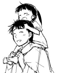 Rule 34 | 1boy, 1girl, ^ ^, barefoot, black hair, carrying, child, closed eyes, father and daughter, greyscale, hijikata keisuke, if they mated, long hair, monochrome, mozu (peth), ponytail, short hair, shoulder carry, simple background, sketch, smile, strike witches, white background, world witches series