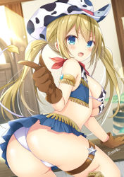 1girl, animal print, ass, bare shoulders, bikini, blonde hair, blue eyes, blue skirt, blue vest, breasts, brown gloves, cow print, cow tail, cowboy hat, cowboy shot, erect nipples, fang, fringe trim, from behind, gloves, hat, kerchief, long hair, looking at viewer, looking back, medium breasts, microskirt, midriff, open mouth, original, picpicgram, skirt, solo, string bikini, swimsuit, tail, thigh strap, thighs, twintails, v-shaped eyebrows, vest, white bikini, white headwear