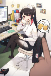 Rule 34 | 1girl, absurdres, alcohol, beer, black coat, black hair, black pantyhose, black skirt, blurry, breasts, button gap, chair, cloba, coat, unworn coat, collared shirt, computer, crossed legs, cup, depth of field, desk, disposable cup, dress shirt, high heels, highres, id card, indoors, long hair, long sleeves, looking at viewer, medium breasts, miniskirt, office chair, office lady, open mouth, original, pantyhose, pencil skirt, photo (object), ponytail, pov, pov hands, red eyes, shirt, shoes, unworn shoes, sitting, skirt, smile, solo, speech bubble, starbucks, swivel chair, white shirt