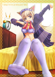 Rule 34 | animal ears, bed, bell, blonde hair, bra, cat ears, clock, collar, dressing, feet, lingerie, long hair, maid, mouth hold, neck bell, open clothes, open shirt, original, purple eyes, ribbon, shirt, shu (la-placetick), solo, stretching, thighhighs, underwear