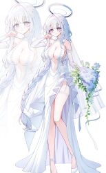 1girl absurdres alternate_costume bare_shoulders blue_archive bouquet braid breasts bridal_garter cleavage closed_mouth detached_sleeves dress flower full_body garter_straps hair_flower hair_ornament halo hand_up high_heels highres holding holding_bouquet long_hair long_sleeves navel noa_(blue_archive) ronya_(ronya_s2) smile standing very_long_hair wedding_dress white_background white_dress white_footwear white_hair zoom_layer