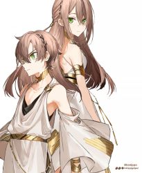 Rule 34 | 1boy, 1girl, adele (fate), back-to-back, backless dress, backless outfit, belt, bracelet, brown hair, choker, dress, fate/grand order, fate (series), green eyes, hou (ppo), jewelry, long hair, makarios (fate), siblings, tunic, twins, twitter username, white background, wide sleeves