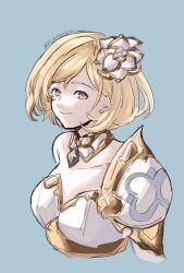 1girl armor blonde_hair djeeta_(granblue_fantasy) dress flower glorybringer_(granblue_fantasy) granblue_fantasy hair_flower hair_ornament highres rose short_hair shoulder_armor solo strapless strapless_dress toroeaka white_armor white_dress white_flower white_rose