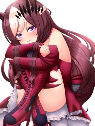 Rule 34 | 1girl, alternate hairstyle, animal ears, baobhan sith (fate), baobhan sith (fate) (cosplay), blush, boots, brown hair, cosplay, dress, fate/grand order, fate (series), frills, high heel boots, high heels, highres, hokuyukis, horse ears, horse girl, hugging own legs, long hair, long sleeves, looking at viewer, multicolored hair, off shoulder, purple eyes, red dress, sitting, smile, solo, special week (umamusume), two-tone hair, umamusume, voice actor connection, waki azumi, white background, white hair