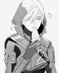 Rule 34 | 1girl, animification, apex legends, breasts, food, gloves, grey background, highres, holding, holding ice cream cone, hood, hood up, hooded jacket, ice cream, ice cream cone, jacket, knife, licking, medium breasts, notice lines, official alternate costume, portrait, rift stalker wraith, solo, tongue, tongue out, yoda 722