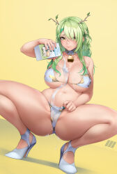 Rule 34 | 1girl, absurdres, animal print, antlers, bare legs, bell, bikini, branch, breasts, ceres fauna, cleavage, closed mouth, cow print, dutch angle, eyes visible through hair, flower, green hair, green nails, hair flower, hair ornament, hair over one eye, high heels, highres, ho2nium, holding carton, hololive, hololive english, horns, huge breasts, long hair, looking at viewer, milk, milk carton, mole, mole under eye, navel, neck bell, pouring, pouring onto self, simple background, solo, squatting, stomach, string bikini, swimsuit, virtual youtuber, white bikini, yellow eyes