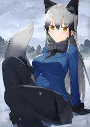 Rule 34 | 10s, 1girl, absurdres, akitaka (pixiv12739753), animal ears, arm support, black gloves, black pantyhose, blazer, blush, breasts, cloud, cloudy sky, fox ears, fox tail, gloves, grey hair, grey skirt, hand on own thigh, highres, jacket, kemono friends, long hair, looking at viewer, medium breasts, neck ribbon, necktie, pantyhose, ribbon, silver fox (kemono friends), sitting, skirt, sky, smile, solo, tail, winter, yellow eyes