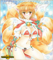 Rule 34 | 1girl, animal ears, artist name, bell, bikini, blonde hair, blush, box, breasts, capelet, cleavage, elbow gloves, fox ears, fox tail, fur trim, gift, gloves, large breasts, looking at viewer, merry christmas, multiple tails, red bikini, ribbon, short hair, smile, solo, swimsuit, tail, tamagoboro, touhou, traditional media, yakumo ran, yellow eyes