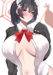 Rule 34 | 1girl, absurdres, animal ears, black eyes, black hair, blue archive, blush, bow, bowtie, breasts, collared shirt, extra ears, hair between eyes, halo, heart, highres, kokihanada, large breasts, navel, official alternate costume, parted lips, red bow, red bowtie, red halo, shirt, short hair, simple background, solo, tsubaki (blue archive), tsubaki (guide) (blue archive), upper body, white background, white shirt